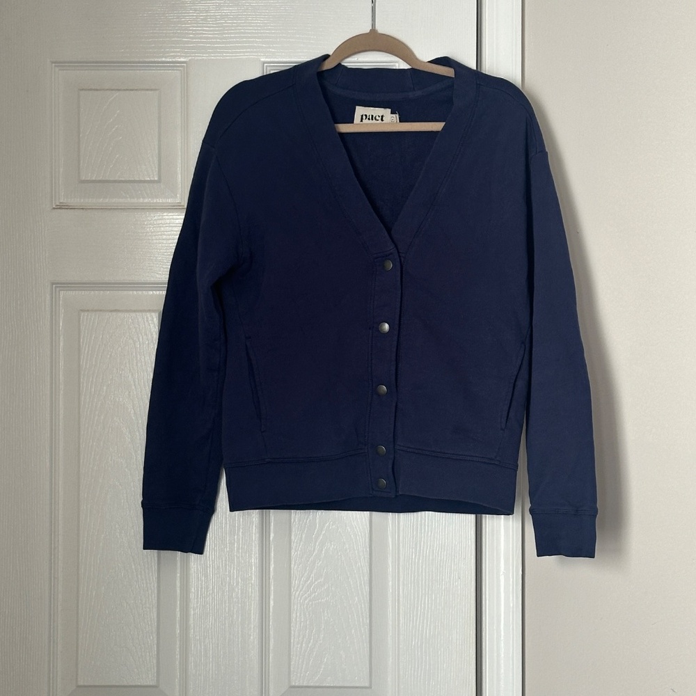 PACT Organic Cotton Cardigan Navy Blue Size Small Women's Button Front - Picture 2 of 6